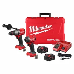 This two-tool kit includes an M18 hammer drill and an M18 impact driver, both powered by an 18 V DC battery system. The hammer drill is suited for drilling into masonry, wood, and metal, while the impact driver provides high-torque fastening for screws and bolts. Typical applications include construction, renovation, and maintenance tasks requiring cordless portability.
