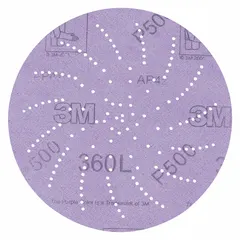 This 3M 360L series sanding disc features a 5-inch diameter with multi-hole design for dust extraction. It uses aluminum oxide abrasive at P500 grit on a 3 mil weight film, suitable for fine finishing on wood, metal, paint, and composites. The hook-and-loop backing enables quick attachment to compatible sanders.