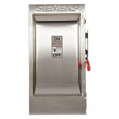 This Siemens fusible safety switch is rated for 200 A and 240V AC single-phase operation. It features a 304 stainless steel enclosure suitable for both indoor and outdoor use. The switch provides a visible disconnect means and overcurrent protection for electrical circuits in industrial and commercial applications.