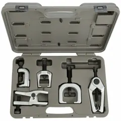 This suspension service kit is designed for removal of Pitman arms, tie rods, and ball joints. It includes a universal tie rod end remover and is constructed from alloy steel. Suitable for front-end service tasks involving Pitman arms.