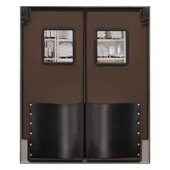 This two-door swinging door set is constructed of brown polyethylene with a polycarbonate window. Each door measures 5 ft wide by 8 ft high. The set includes door seals, bumpers, and mounting hardware. It meets USDA standards for use in temperature-controlled environments.