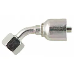 Steel 45° elbow crimp hose fitting with BSPP female thread and crimp connection for permanent hose assemblies. Designed for -8 hose dash size, thread size 0.511"-27. Used in hydraulic systems to connect hoses to BSPP threaded ports.