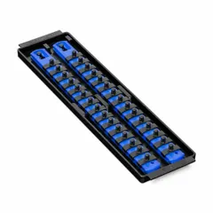 Socket bit tray with 30 posts for organizing socket sets. Overall width of 3 5/8 in. Suitable for use on workbenches or in tool chests in workshops and garages.