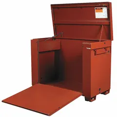This drop-front jobsite box provides 41.5 cu ft of storage capacity for tools and equipment. It features a padlock hasp for securing contents (lock not included) and a brown finish. Typical applications include construction sites, industrial facilities, and workshops where secure, weather-resistant storage is needed.