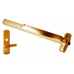 This rim-type exit device features a touchbar push pad and lever outside trim, finished in bronze. Designed for doors up to 4 ft wide, it is ADA compliant for accessible egress. Suitable for commercial applications requiring code-compliant panic hardware.
