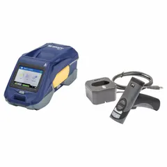 Bluetooth-connected portable printer with 2-inch print width and 300 dpi resolution. Includes battery, handheld scanner with charging station, black ribbon (M61-R4310), and Brady Workstation Product and Wire ID Software Suite. Designed for on-site cable and wire labeling in industrial environments such as electrical panels and data centers.