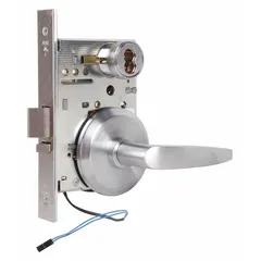 This storeroom lever lockset is designed for interior doors requiring key-locked exterior access and free egress from inside, typical for storage rooms, closets, or utility areas. It features a satin chromium-plated stainless steel finish, is ADA compliant, and uses an interchangeable core for keying flexibility. The 40H rose style provides a clean appearance, and the lockset is not ligature-resistant with no visual indicator.