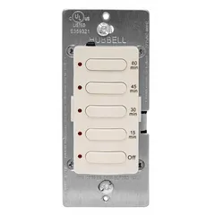 Digital pre-set countdown timer with SPST switching, rated 120/277V AC. Timing range from 15 minutes to 1 hour. Light Almond finish. No wall plate included. Suitable for automatic shutoff of lighting or equipment in commercial and industrial spaces such as conference rooms, restrooms, or storage areas.