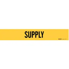Yellow adhesive pipe marker with black legend reading 'Supply'. Fits pipe outer diameters from 2-1/2 to 7-7/8 inches. Supplied without arrows. Includes one marker per unit. Used to identify supply lines in industrial piping systems.