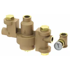 Thermostatic mixing valve constructed from brass with EPDM seals and NPT connections. Includes an outlet temperature gauge. Used in emergency fixture systems to blend hot and cold water for tempered water delivery.
