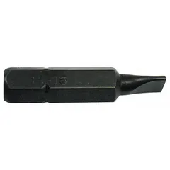 Slotted head impact bit with standard hex shank for use with impact drivers. Imperial SL23/64 bit industry size. Suitable for driving slotted screws in assembly and maintenance tasks.