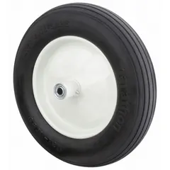 Flat-free polyurethane foam wheel with 15-1/2 in diameter and 3 in width. Rated for 500 lb load capacity with tire sidewall number 4.80/4.00-8. Suitable for industrial carts, hand trucks, and light-duty material handling equipment where puncture-proof operation is required.