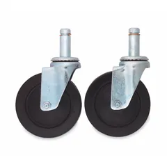 This caster kit includes two swivel casters with rubber wheels and steel construction, designed for adding mobility to wire shelving units. Each caster measures 2 3/8 in x 5 in x 5 in. The rubber wheels help protect floors and reduce noise during movement. Suitable for repositioning shelving in storage areas, commercial kitchens, and warehouses.