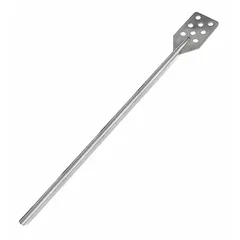 This one-piece stainless steel mixing paddle features a 9 3/4-inch perforated blade for efficient blending of liquids and semi-solids. The FDA-compliant construction and straight-bar design make it suitable for sanitary mixing in food and pharmaceutical processing environments.