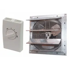 Gable-mount attic exhaust fan with a standard-efficiency motor, rated for 120V AC and 1.4 A. Delivers up to 844 cfm of exhaust airflow for attics up to 1,600 sq ft. Includes a guard, shutter, and built-in thermostat for automatic temperature control. Used to ventilate attics by exhausting hot air, reducing cooling loads and preventing moisture buildup.