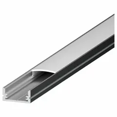 This 4 ft tape light channel in silver with a frosted lens houses and diffuses LED strip lighting. Measuring 0.67 in wide and 0.31 in high, it provides a low-profile mounting solution for linear lighting in display cases, under cabinets, or along architectural features.