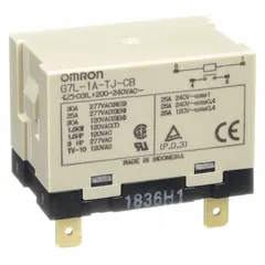 Bracket-mounted power relay with SPST-NO contact configuration, rated for 30 A operating current and 200/240V AC coil voltage. Features a square base and quick-connect terminals. E-bracket sold separately. Suitable for switching high-current loads in industrial control panels.