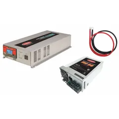 This multi-unit inverter with integrated battery charger converts 10.5 to 15V DC input to 120V AC pure sine wave output, with a peak power of 5000 W. The charger accepts 105 to 130V AC input and outputs 13.2V to 14.4V DC. Suitable for mobile, marine, and backup power systems requiring clean AC power and battery charging.