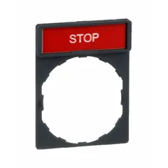 Rectangular non-metallic plastic legend plate for 22 mm panel mounting. Overall height 1 5/8 in, overall width 1 3/16 in. Gray body with white legend area and English 'Stop' text. Used to label push-button stations in industrial control panels.