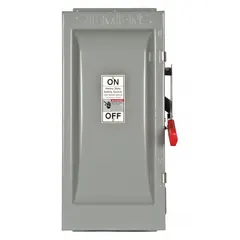 Fusible safety switch rated 100 A, three-phase, 600V AC. Galvanized steel enclosure for indoor use. Provides a visible disconnect means for equipment isolation and overcurrent protection in electrical systems.