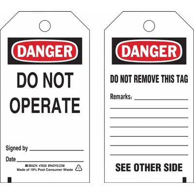 BRADY Danger Tag: Danger, Danger Do Not Operate, Polyester, Date/Remarks/Signed By - Safety