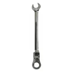 This metric 12-point ratcheting combination wrench features a 19 mm head size and 11-inch overall length. Constructed from alloy steel with a chrome finish, it is suited for tightening or loosening fasteners in mechanical and industrial settings.