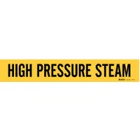 Yellow adhesive pipe marker with black legend reading 'High Pressure Steam'. Fits pipe outer diameters from 2-1/2 to 7-7/8 inches. Supplied without arrows. Used to identify high-pressure steam lines in industrial piping systems