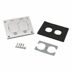 Rectangular aluminum floor box cover with brushed silver finish. Measures 3-1/4 in length, 4-1/4 in width, and 1/2 in height. Used to cover floor boxes in commercial settings, providing a flush access point for electrical and data connections.