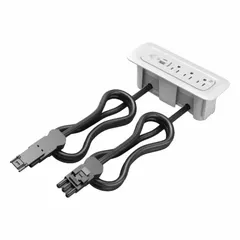 Rectangular recessed-mount furniture power strip with three 5-15R tamper-resistant receptacles and a 3 ft cord. Includes a Type C USB connector for charging devices. Designed for integration into desks, conference tables, and workstations.