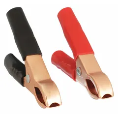 This steel charging clamp features a parrot jaw design for secure connections on 12V and 24V systems. It handles up to 80 A and accepts 14 to 18 AWG wire. The vinyl insulation provides protection during battery charging applications.