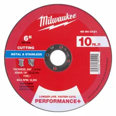 MILWAUKEE Type 1 cut-off wheel for general-purpose cutting of carbon and stainless steel. Constructed from aluminum oxide with 46 grit. Measures 6 inches in diameter, 0.045 inches thick, with a 7/8 inch arbor hole. Supplied as a 10-pack.