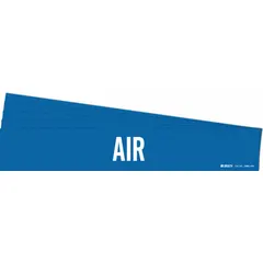 Blue adhesive pipe marker with white legend text reading 'Air', designed for pipes with outer diameter of 8 inches and larger. This 5-pack includes markers without directional arrows, suitable for identifying air piping systems in industrial facilities.