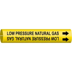 Snap-on pipe marker for identifying low-pressure natural gas lines. Yellow background with black legend and directional arrows. Fits pipe outer diameters of 4 to 6 inches. Suitable for industrial piping systems where clear gas line identification is required.