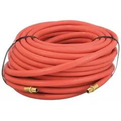 This EPDM air hose assembly features a red EPDM cover and 1/4 in MNPT x 1/4 in MNPT connections. The 100 ft length is suited for pneumatic tool supply, air compressor lines, and general industrial air transfer. EPDM construction provides resistance to heat, ozone, and weathering.