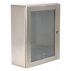 This 304 stainless steel enclosure measures 30 x 24 x 8 inches and is rated NEMA 12/13/3R/4/4X for protection against dust, water, and corrosion. It features a hinged cover with a 1/4-turn latch closure and does not include knockouts. Suitable for housing electrical controls and instrumentation in industrial, food processing, and washdown environments.