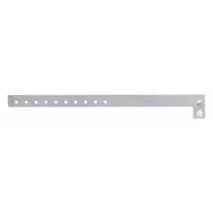 Plastic security wristband in silver, 10 inches long and 5/8 inch wide. Blank legend allows custom marking. Pack of 500. Used for access control, event management, and patient identification.