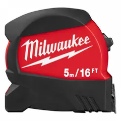 This 16 ft / 5 m tape measure features a Metric/SAE scale with 1 mm markings for precise linear measurement. The nonmagnetic single hook tip is suited for environments where magnetic interference must be avoided. A manual lock secures the blade, and the red plastic body with rubberized grip provides handling comfort. Tether-ready for added security on job sites.