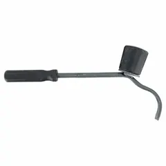 This steel wheel cover puller and replacer has an overall length of 14 inches. It is used for removing and installing wheel hub cap covers on heavy-duty trucks and equipment. The tool provides leverage for prying off stubborn covers without damaging the hub or rim.