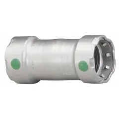 This steel press pipe fitting features press-fit x press-fit connections for joining two 2-inch pipes. It is used in press-fit piping systems for applications such as industrial plumbing, HVAC, and fire protection.