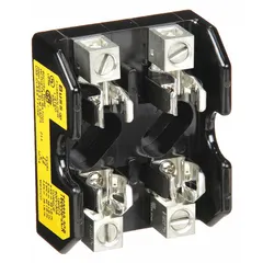 Two-pole fuse block for UL Class T fuses, rated 600 V AC. Features box lug terminals and non-indicating design. Used in industrial power distribution, panel boards, and control circuits to mount and connect Class T fuses.