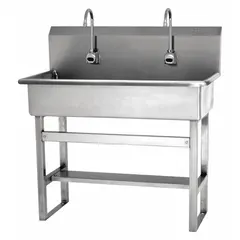 This two-station freestanding wash station features sensor-activated faucets with a 0.5 gpm flow rate. The bowl measures 37 inches in length and 8 inches in depth. It is battery powered and does not include side splash. Typical applications include commercial and industrial handwashing areas.
