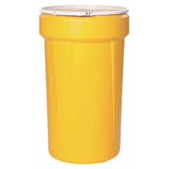 This 55-gallon nestable plastic overpack drum is made of HDPE with an open head and a plastic lever lock ring. It is unlined with no interior coating and carries UN ratings of 1H2/X80/S for solids and 1H2/Y100/S for liquids. Designed for spill containment and cleanup of hazardous materials, it provides a compliant containment solution for transport or storage.