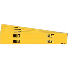 Yellow adhesive pipe marker with black 'Inlet' legend, designed for pipe outer diameters from 3/4 to 2-3/8 inches. Each pack contains 4 markers without arrows. Used to identify inlet pipes in industrial piping systems.