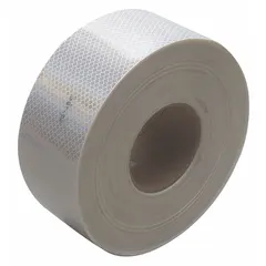 White reflective tape with acrylic adhesive, 3 inches wide and 50 yards long. Designed for marking trucks and trailers to improve nighttime visibility. Suitable for commercial fleet and heavy equipment applications.