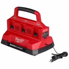 This multi-port charger operates on 120-127V AC input and charges up to six 18V DC batteries simultaneously. It charges a 5 Ah battery in one hour, reducing downtime for cordless tool fleets in construction, maintenance, and industrial settings.