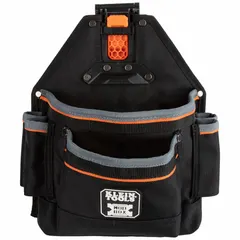 Polyester pouch with 9 pockets for organizing screwdrivers and similar tools. Attaches to belts up to 2 1/2 in wide via clip. Dimensions: 11 in W x 5 in D x 12 1/4 in H. Color: Black/Gray/Orange.