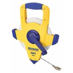 Open-reel long tape measure with a 200 ft SAE steel blade, single-sided with 1/8 in graduations. Features a nonmagnetic single hook at the hook end and a plastic case with grip. Suitable for measuring long distances in construction, surveying, and industrial layout work.
