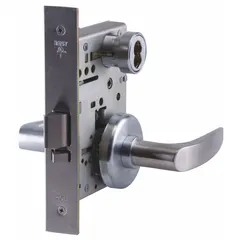 This classroom security lever lockset is designed for educational facilities, enabling quick lockdown from inside the room. It features a satin chromium-plated stainless steel finish, ADA-compliant lever operation, and an F32 function with a 40H rose. The interchangeable core supports institutional key control. Not ligature-resistant and no message option.