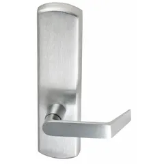 This VON DUPRIN mechanical exit device trim is a lever-style outside trim for use with exit push bars on commercial doors. It features a silver chrome finish and is designed for right-hand reverse door applications. The lever trim provides a means to operate the exit device from the secure side, suitable for high-traffic door openings.