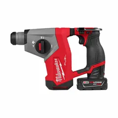This cordless rotary hammer kit includes one bare tool, one battery, and one charger. It features an SDS-Plus chuck, delivers 4414 bpm and 0.89 ft-lb of impact energy, and accepts bits up to 5/8 in diameter. Suitable for drilling and chiseling in concrete, masonry, and stone for light to medium demolition and anchor installation.